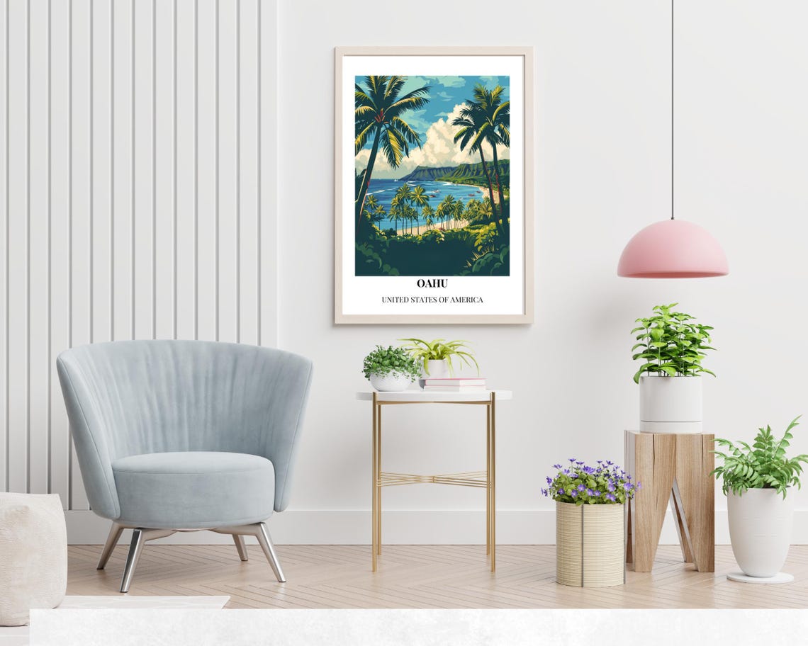 Oahu Hawaii Tropical Beach Vintage Travel Poster with Palm Trees - Image 2