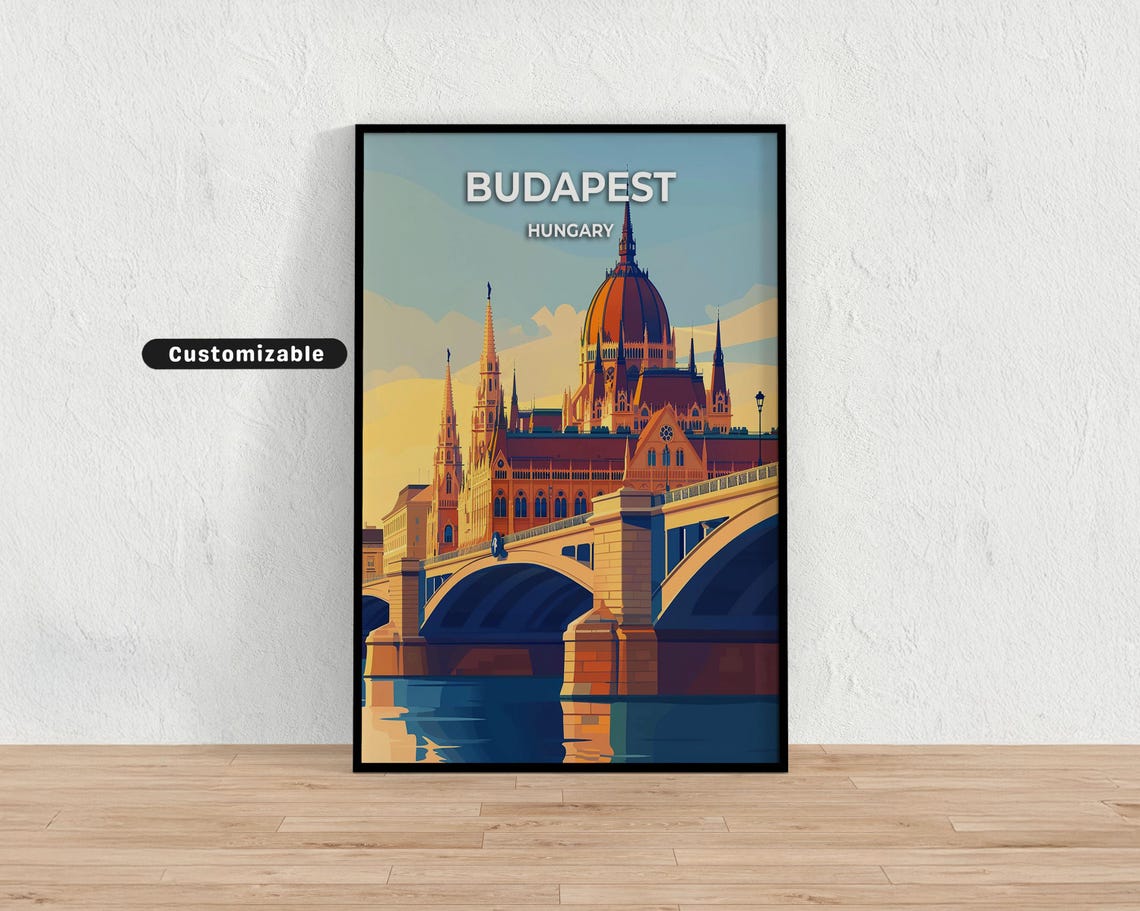 Budapest Hungary Parliament Danube Sunset Vintage Travel Poster