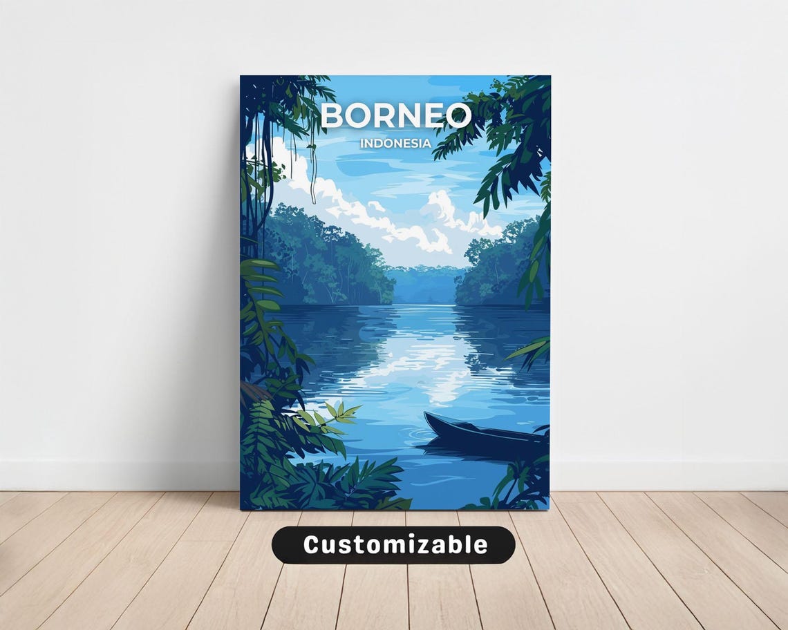 Borneo Indonesia Blue Jungle River Canoe Retro Travel Poster