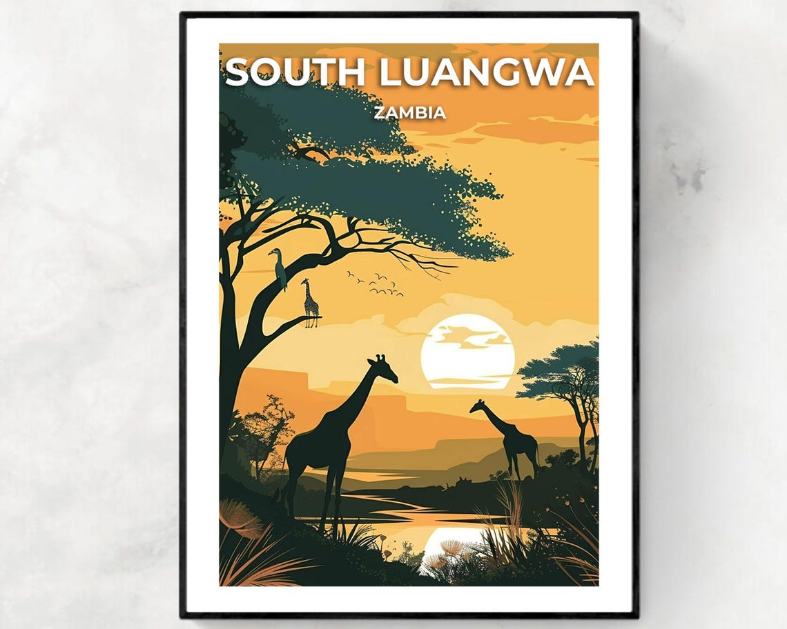 South Luangwa Zambia Giraffe Silhouettes Sunset Water Poster