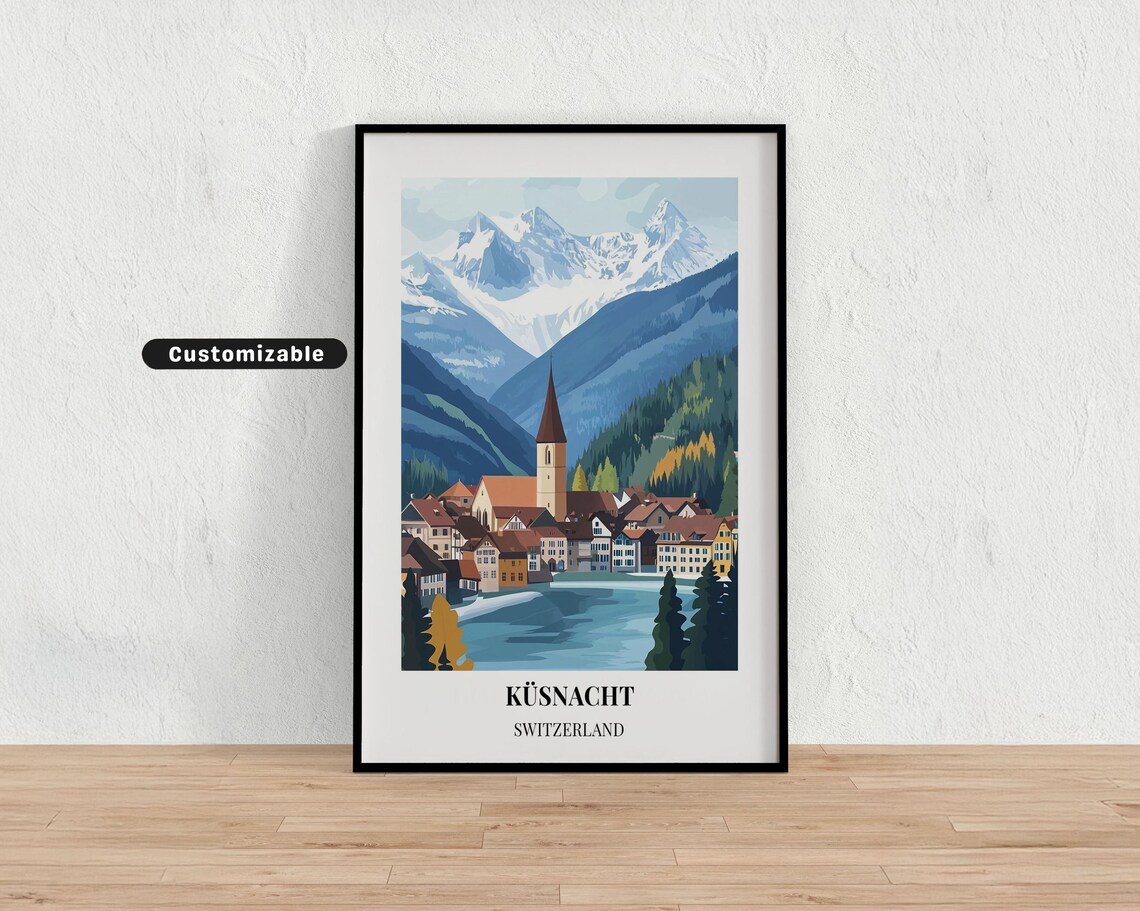 Kusnacht Switzerland Lakeside Village Church Alpine Travel Poster