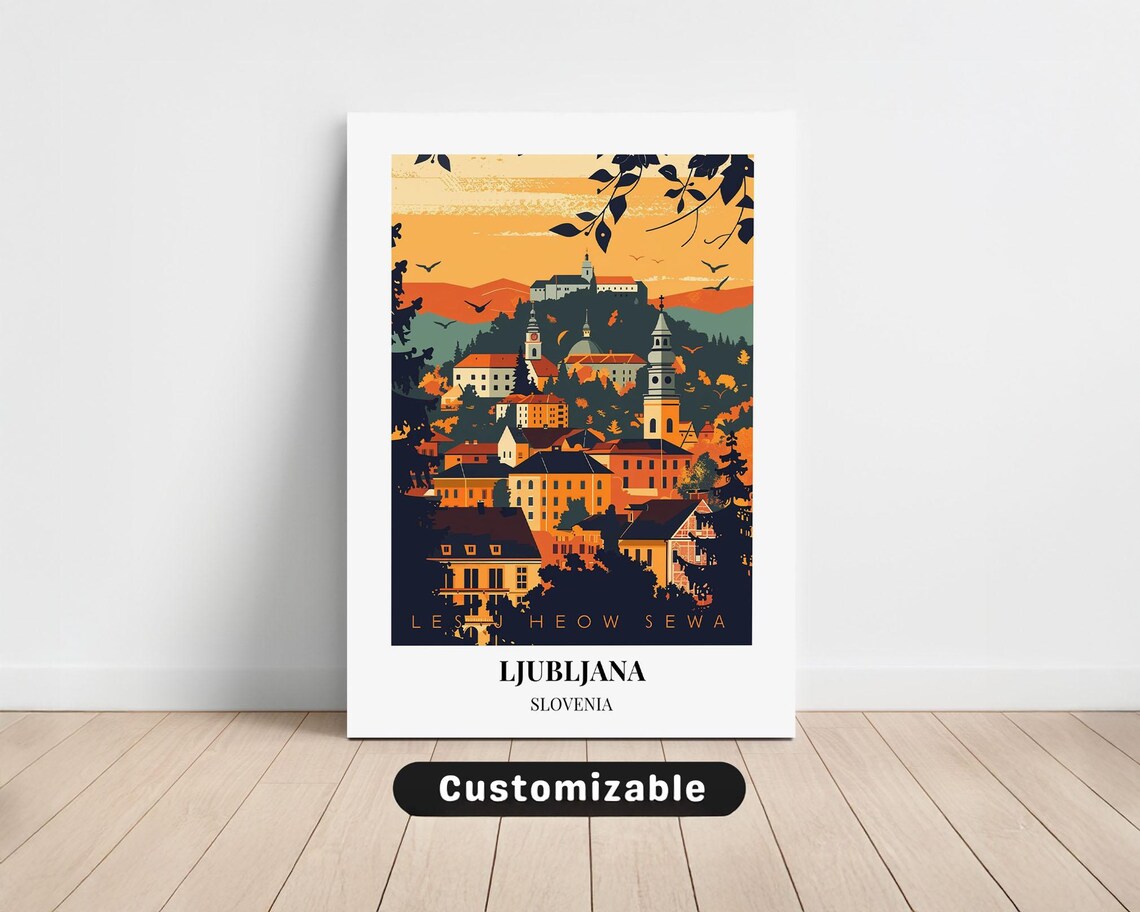 Ljubljana Slovenia Sunset Old Town Vintage Travel Style Poster