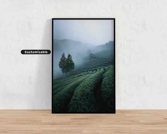 Misty Tea Plantation Fields In Japanese Countryside Wall Art Print Zen Asian Decor