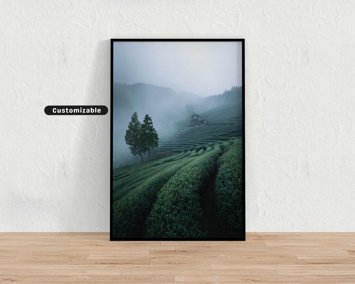 Misty Tea Plantation Terraces Japanese Countryside Art Poster