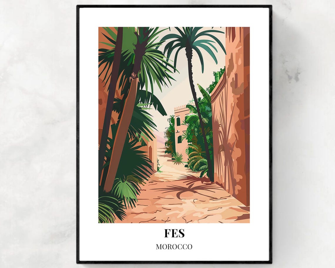 Fes Morocco Palm Tree Alley Terracotta Walls Oasis Travel Poster