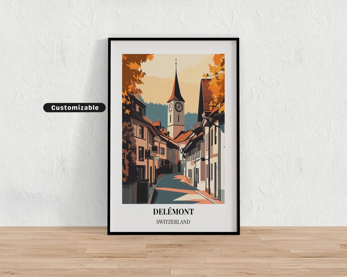 Delémont Switzerland Old Town Travel Poster Church Tower Autumn Art