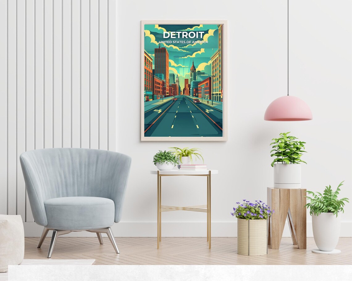 Detroit Michigan City Street Skyscrapers Retro USA Travel Poster - Image 2
