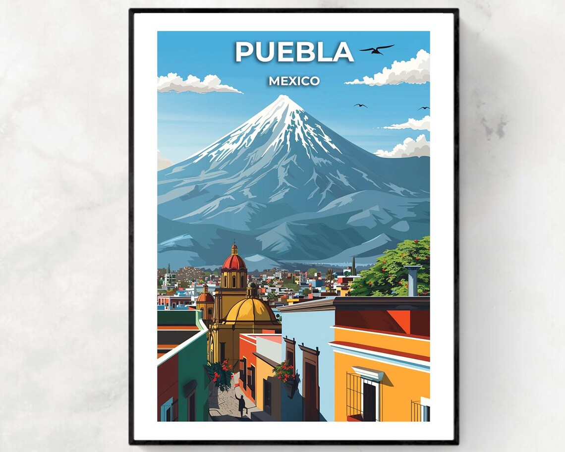 Puebla Mexico Snow Capped Volcano City Panorama Travel Poster