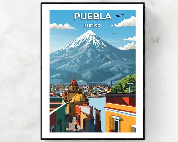Puebla Mexico Snow Capped Volcano City Panorama Travel Poster