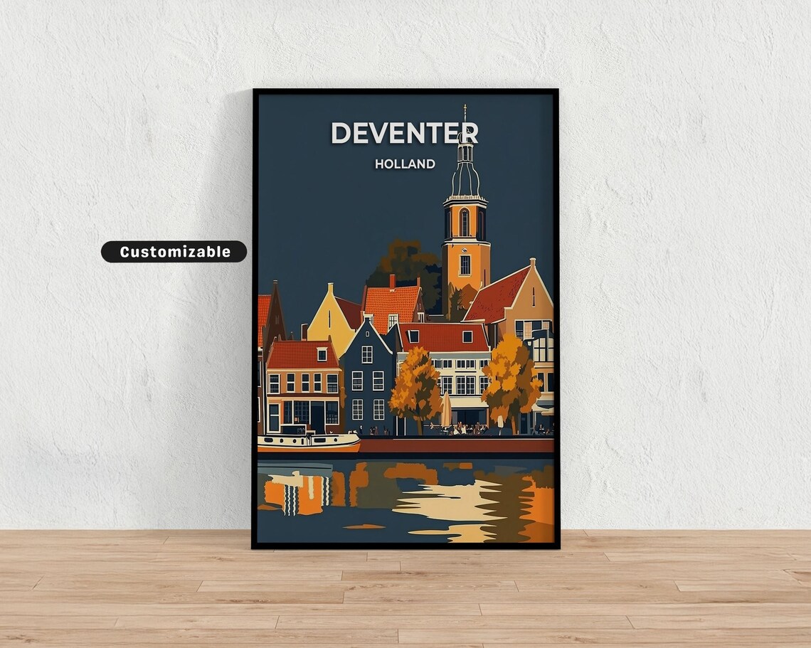 Deventer Holland Church Tower Waterfront Night Vintage Travel Poster