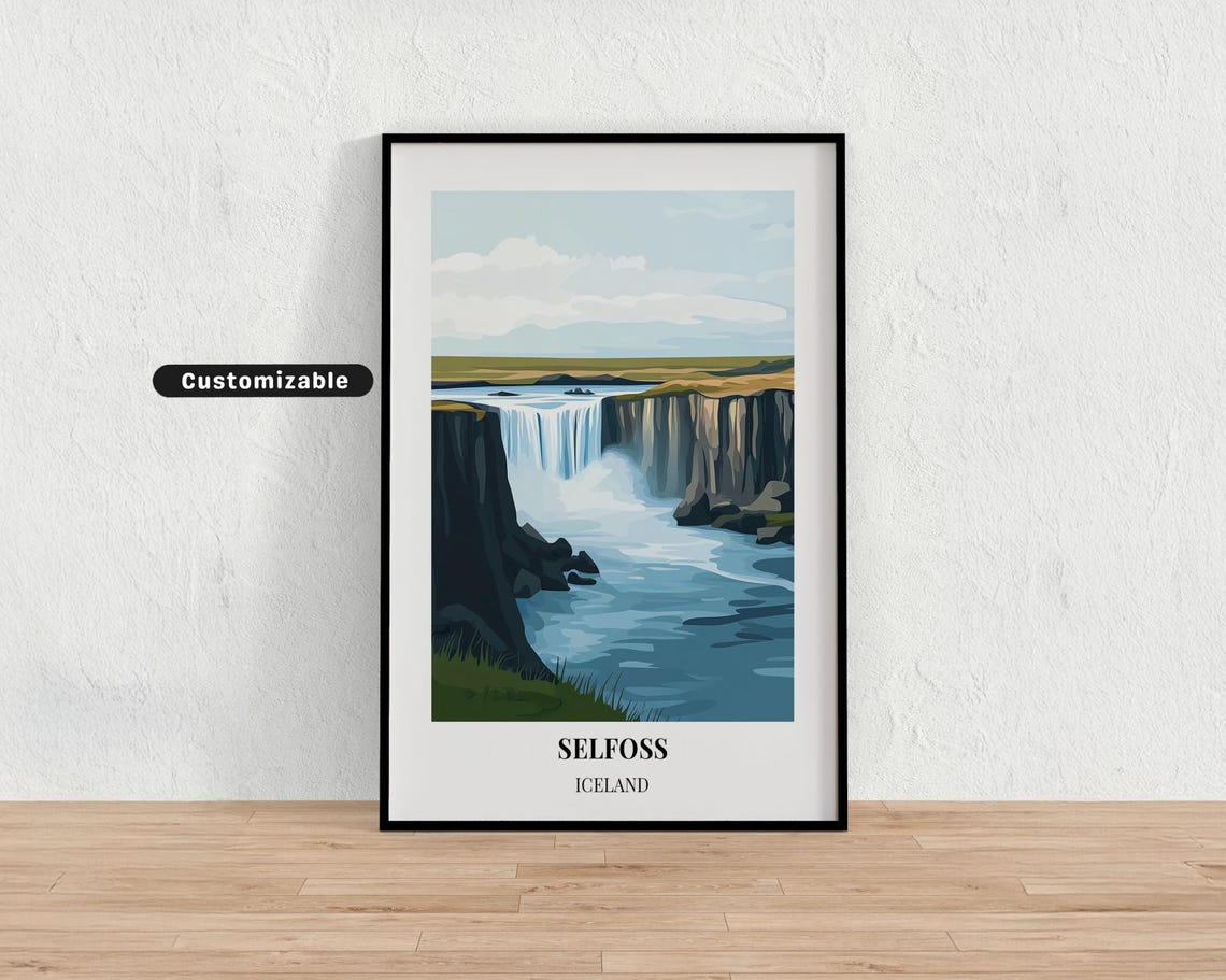 Selfoss Iceland Waterfall Travel Poster Blue Canyon Landscape Art