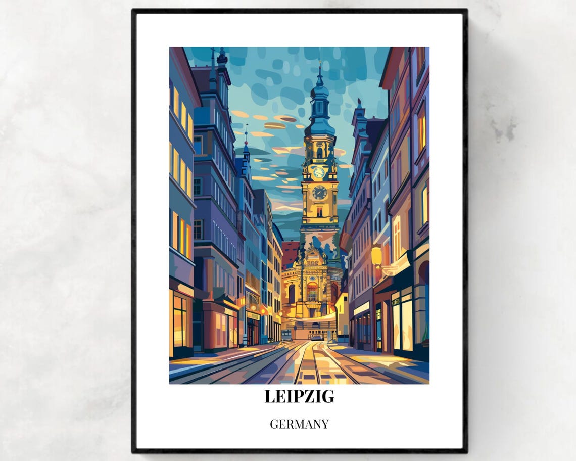 Leipzig Germany Old Town Clock Tower Evening Street Travel Poster