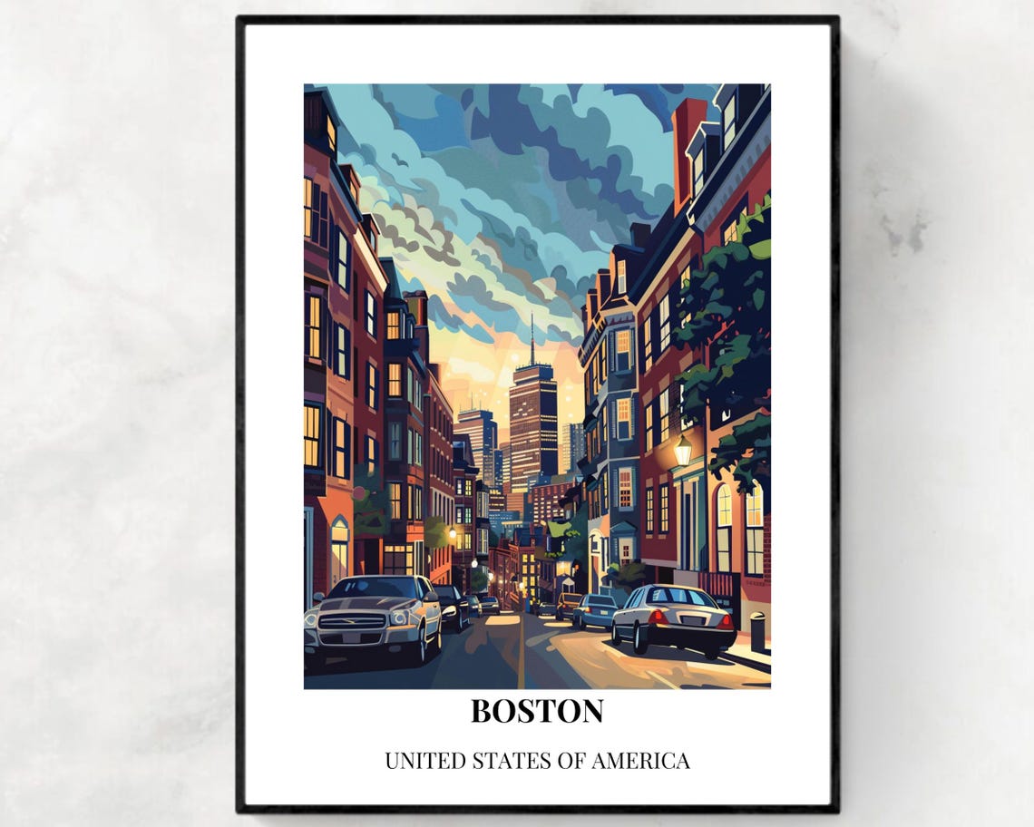 Boston Massachusetts Brownstone Street Dusk Cityscape Poster