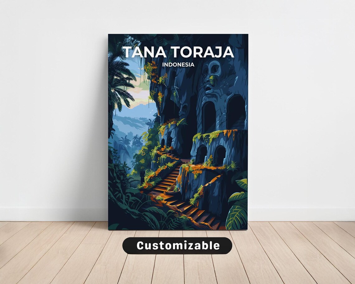 Tana Toraja Indonesia Cliff Tombs Jungle Vintage Travel Poster