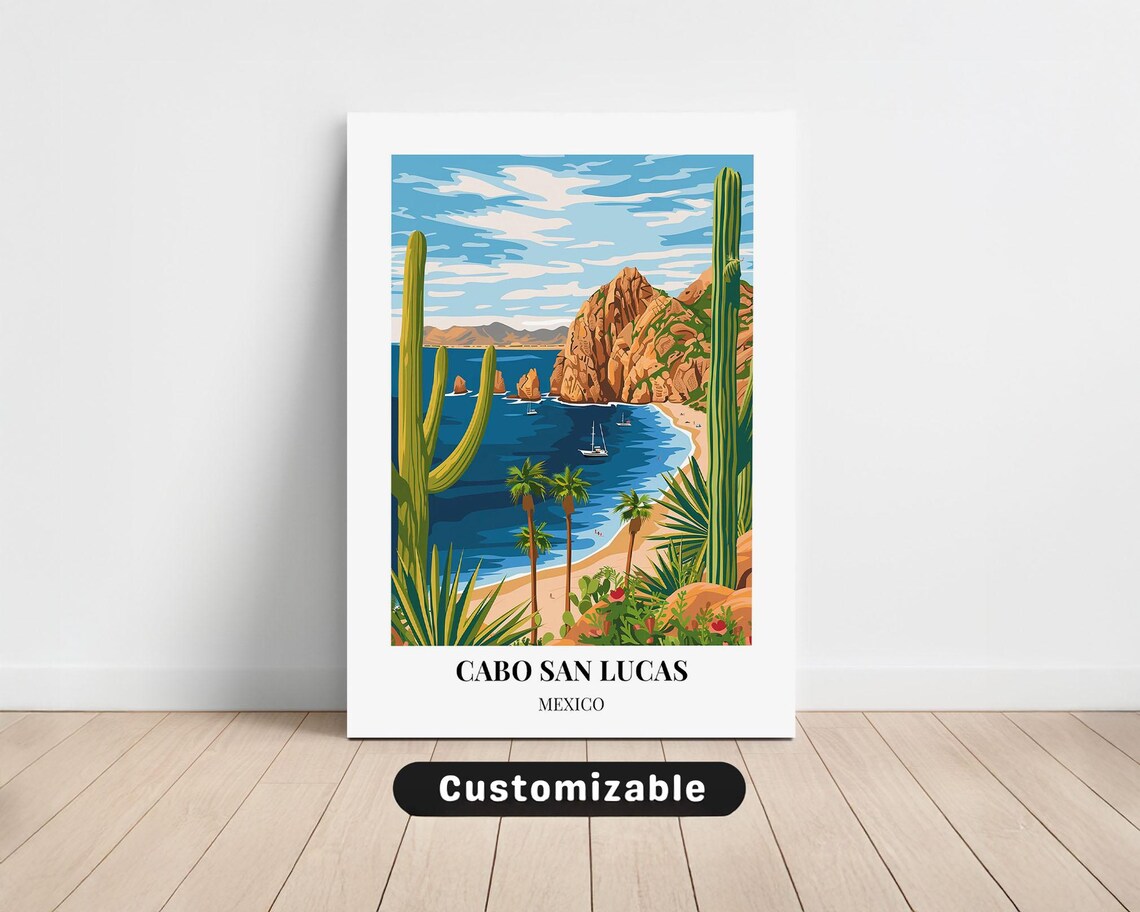 Cabo San Lucas Mexico Beach Cactus Coastline Customizable Travel Art Poster