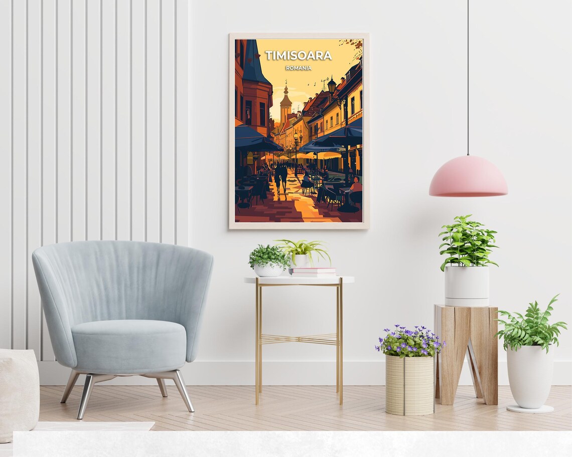 Timisoara Romania Cafe Street Golden Hour Church Scene Poster - Image 2