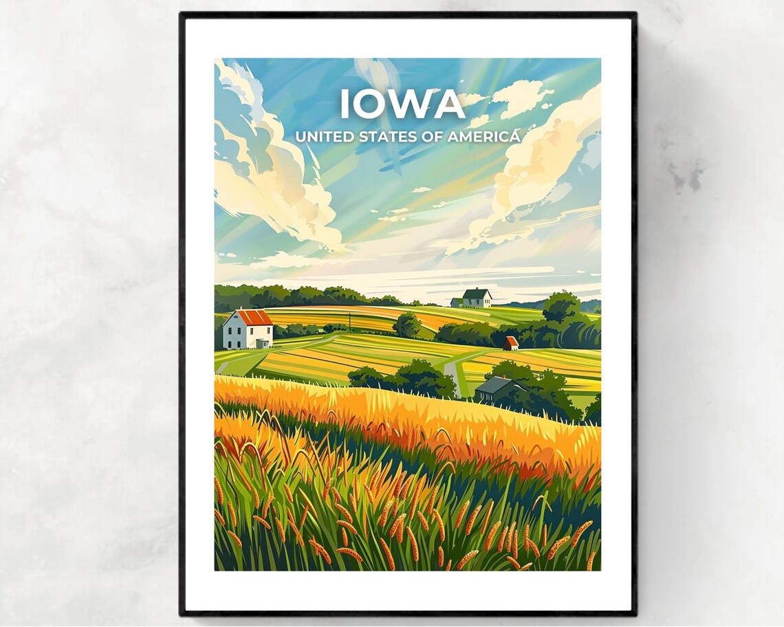 Iowa Golden Wheat Fields Travel Poster With Overlaid Sky Title