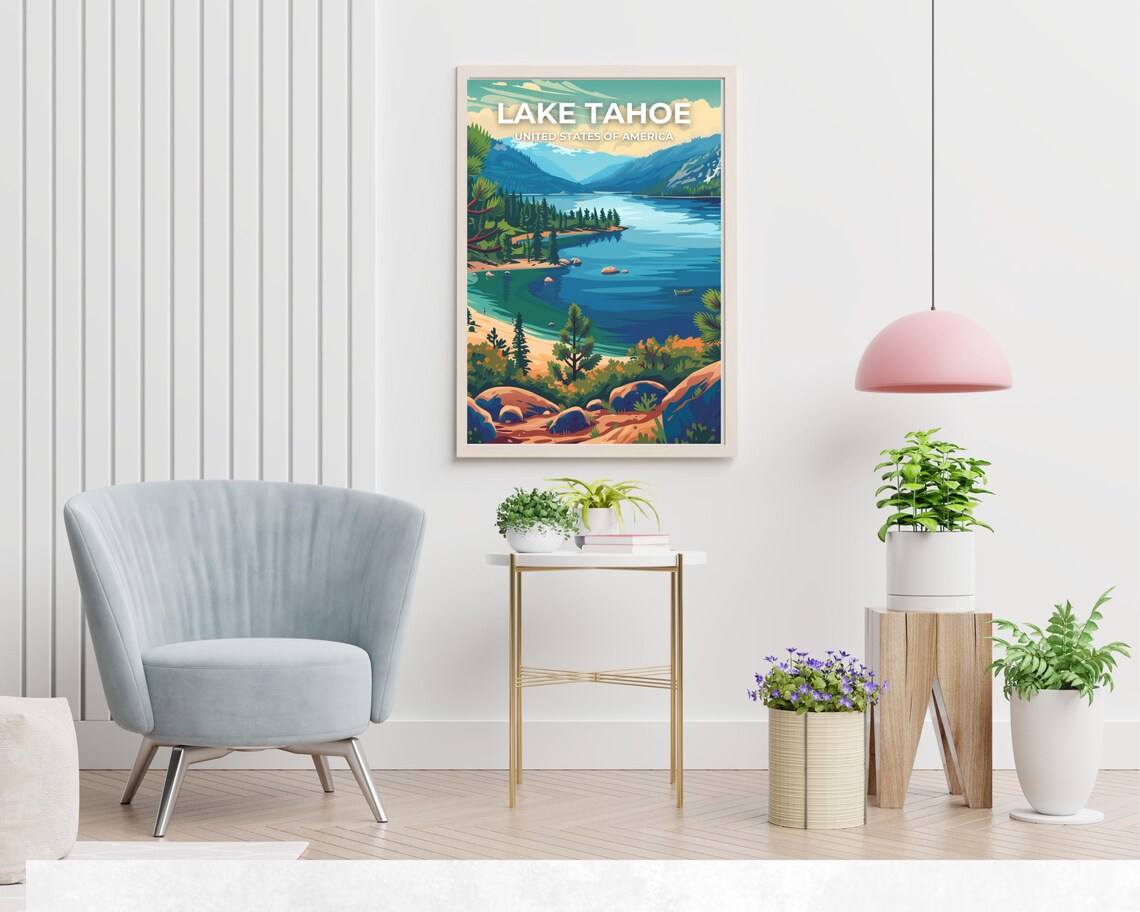 Lake Tahoe Mountain Cove Alpine Water White Title Travel Poster - Image 2