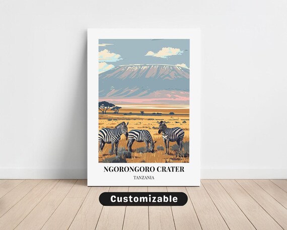 Ngorongoro Crater Tanzania Zebras Savannah Vintage Travel Poster