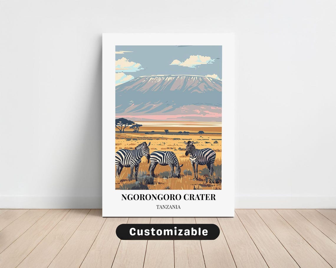 Ngorongoro Crater Tanzania Zebras Savannah Vintage Travel Poster