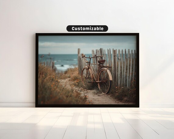 Vintage Bicycle Leaning On Beach Fence Ocean View Rustic Coastal Photo Poster