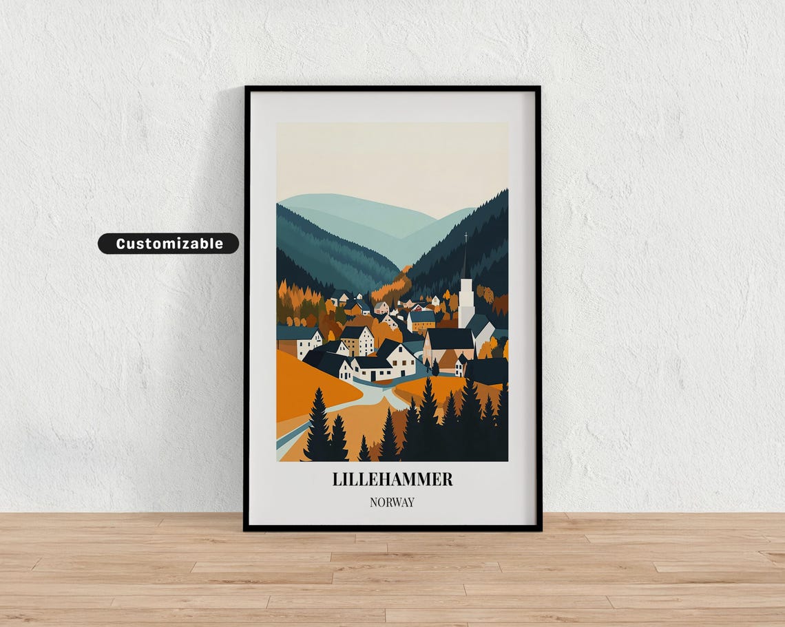 Lillehammer Norway Autumn Valley Village Pine Forest Travel Poster
