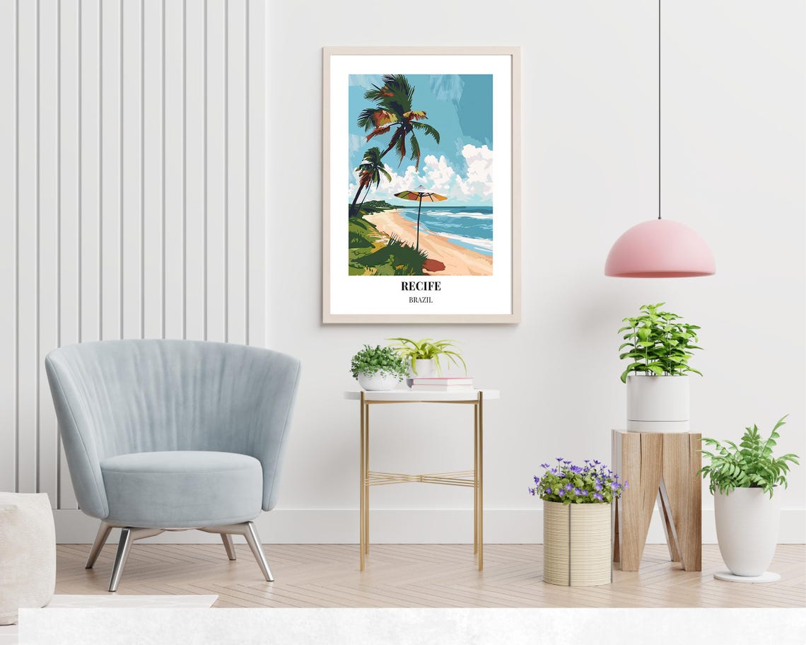Recife Brazil Leaning Palm And Umbrella On Sandy Beach Poster - Image 2