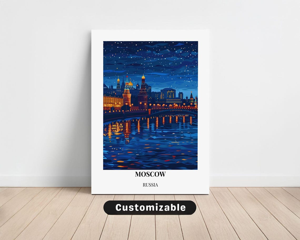 Moscow Russia Night River City Lights Reflection Vintage Travel Poster