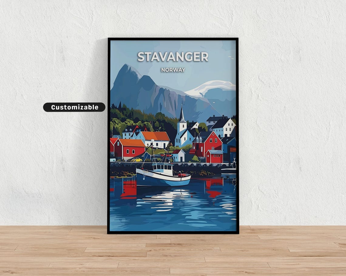 Stavanger Norway Customizable Travel Poster Harbor Mountain Art