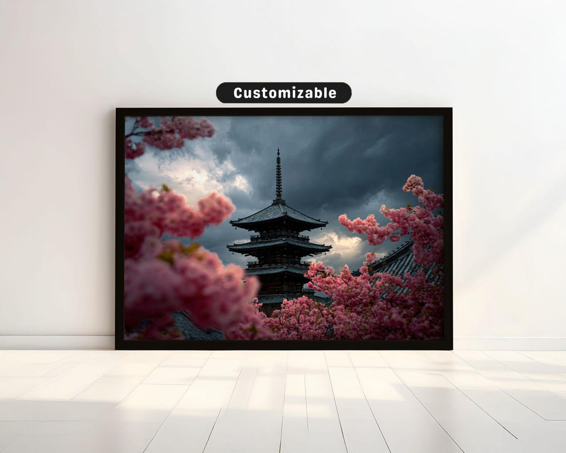 Japanese Pagoda Cherry Blossom Storm Sky Dramatic Japan Poster