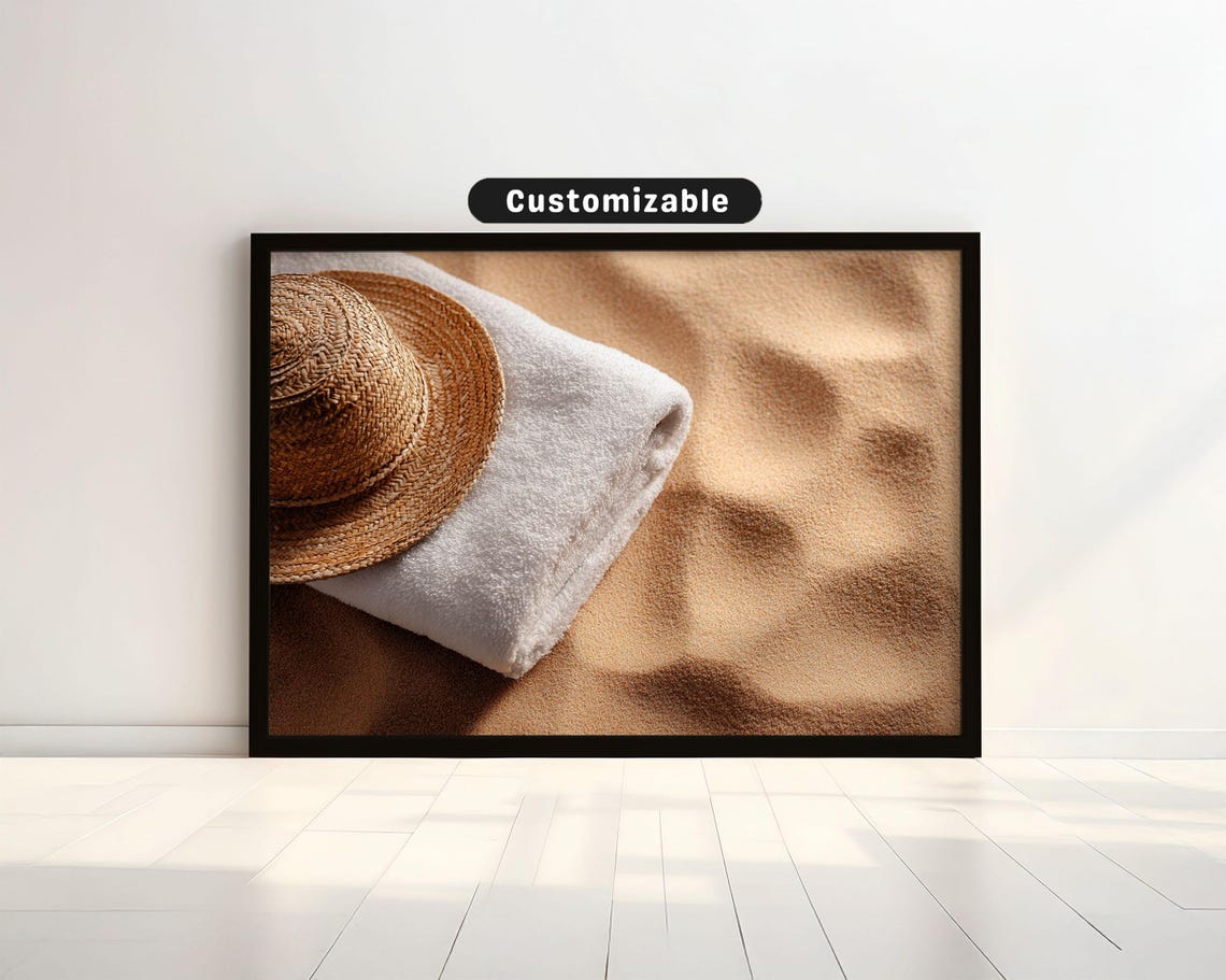 Straw Hat White Beach Towel Golden Sand Close Up Photo Poster