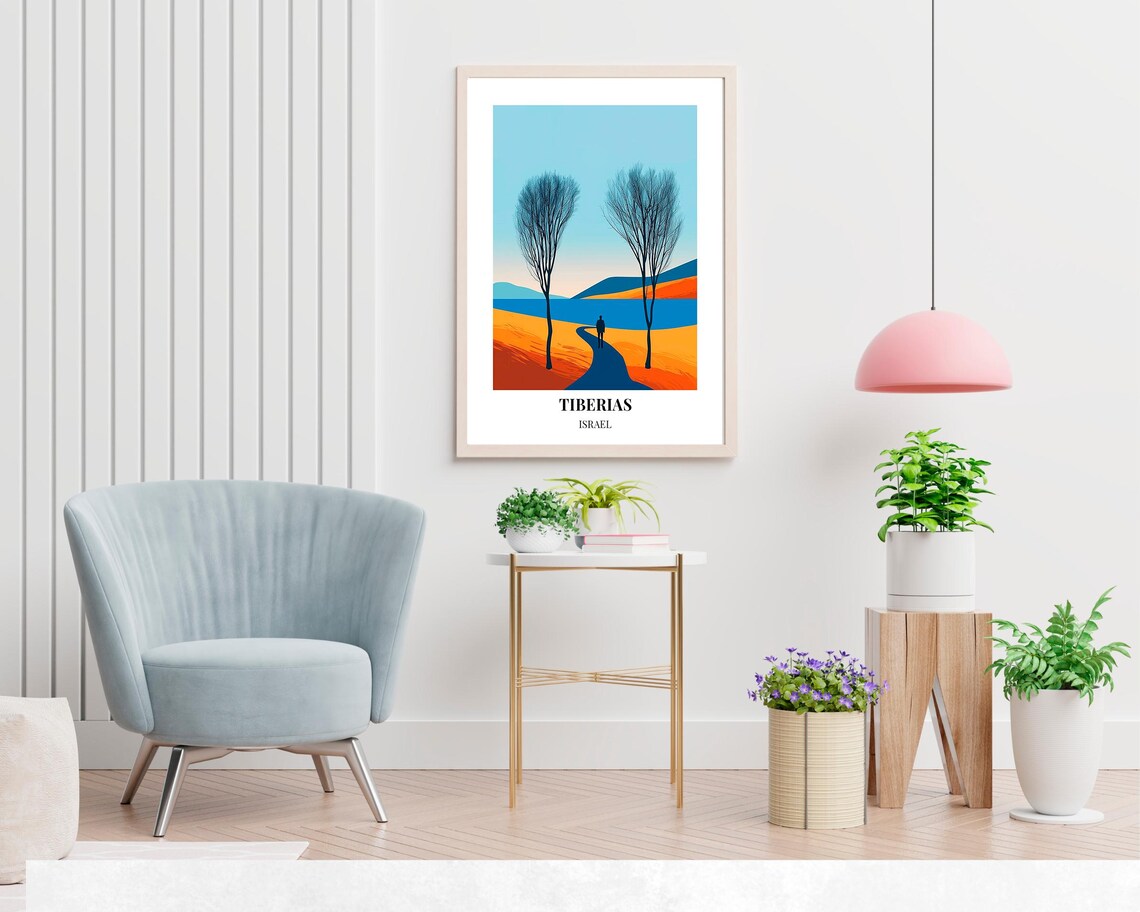 Tiberias Israel Sea Of Galilee Minimal Trees Path Figure Travel Poster - Image 2