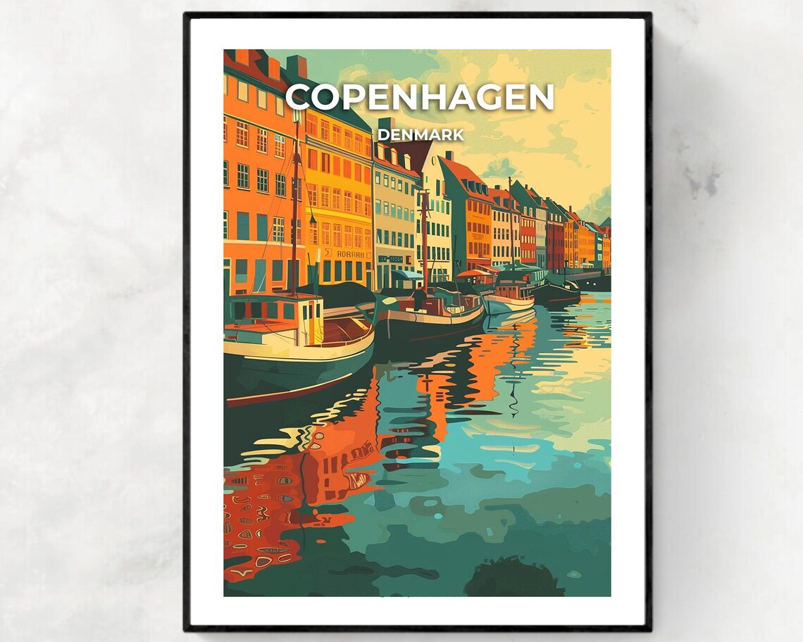 Copenhagen Denmark Nyhavn Sunset Harbor Colorful Travel Poster