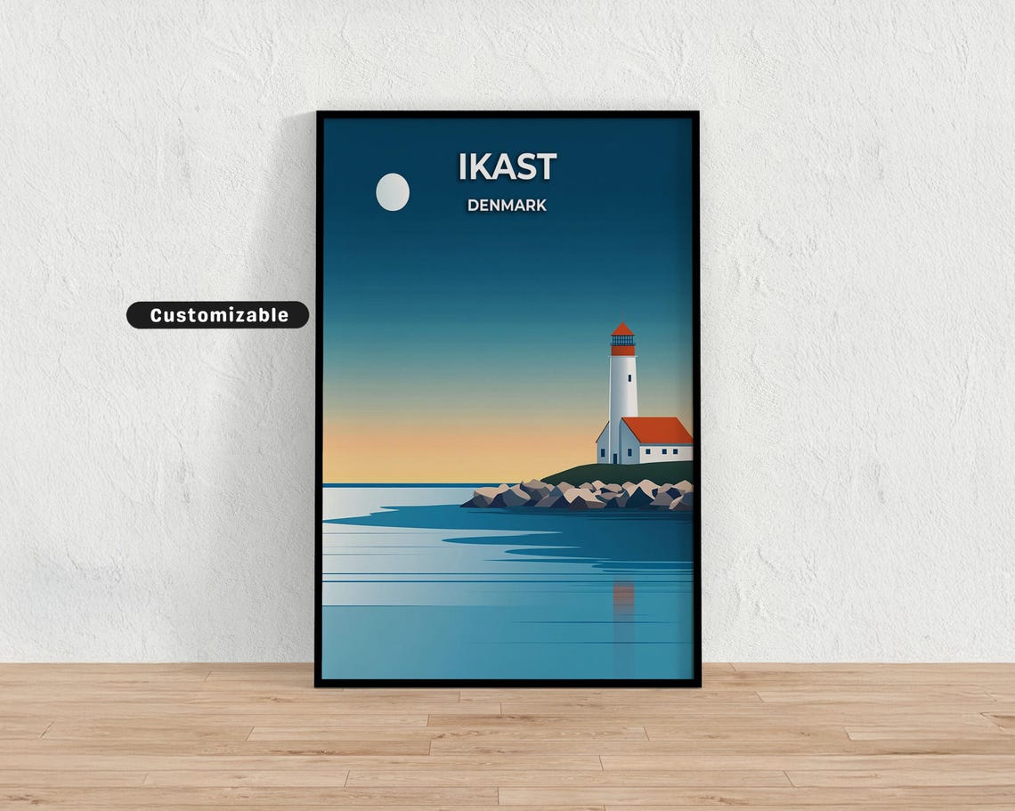 Ikast Denmark Moonlit Lighthouse Rocky Coast Minimal Travel Poster