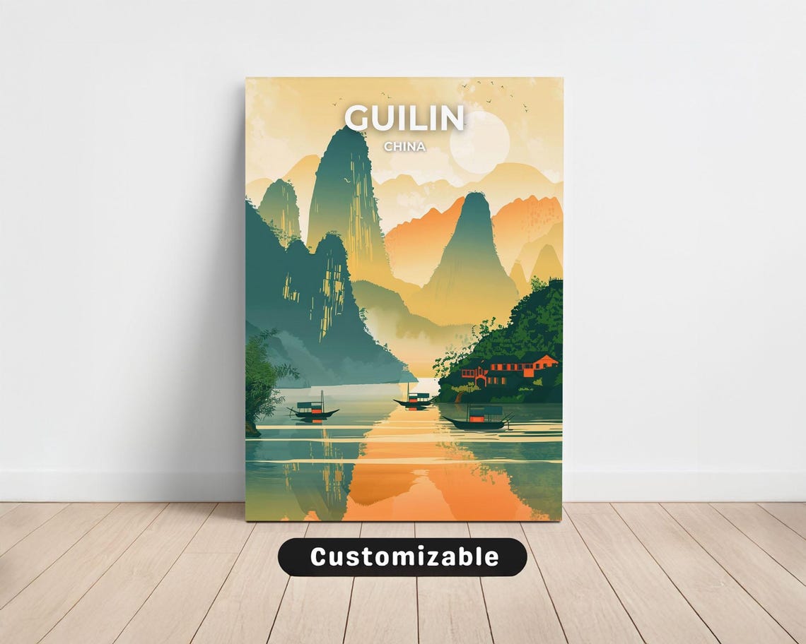 Guilin China Karst Mountains River Boats Golden Sunset Poster
