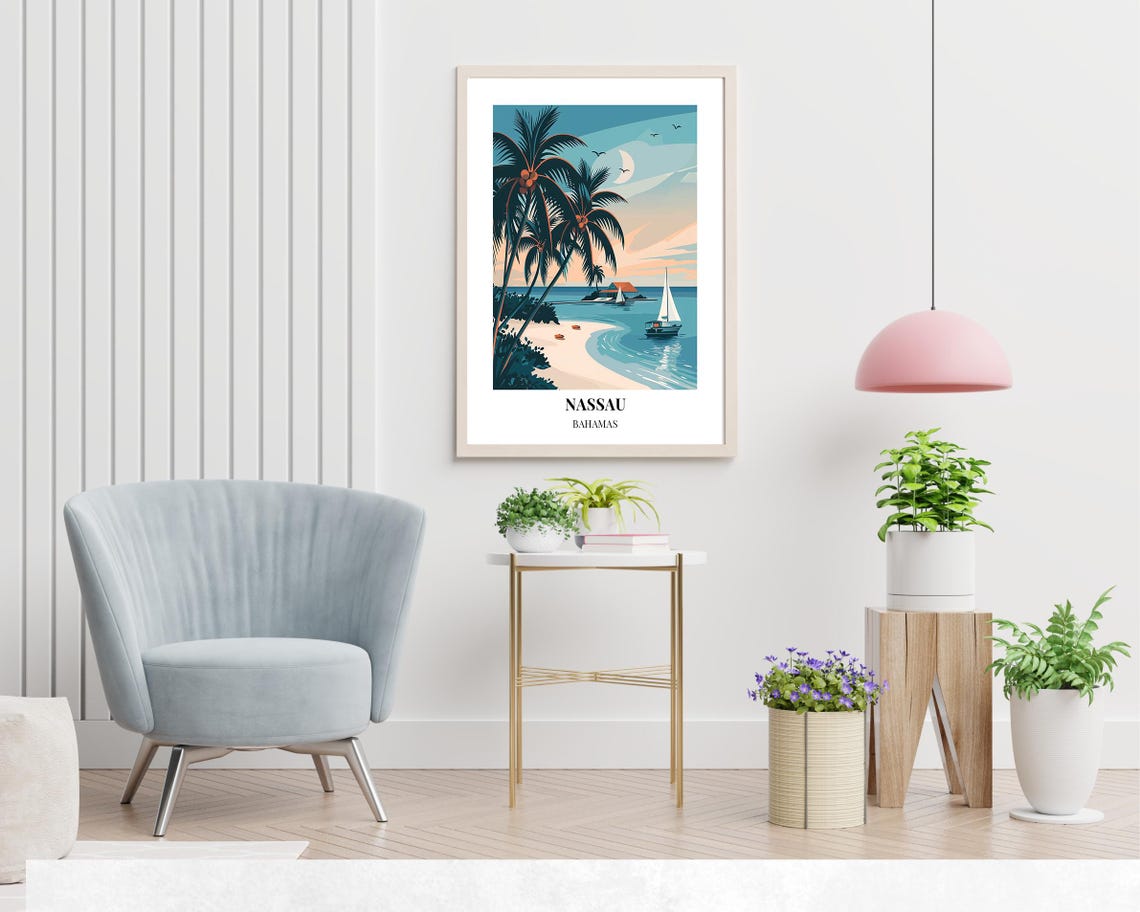 Nassau Bahamas Sailboat at Dusk Beach Illustrated Travel Poster - Image 2