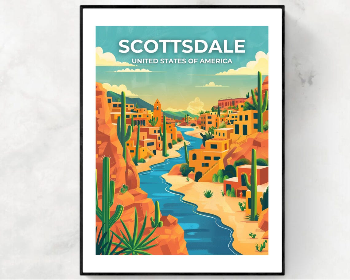 Scottsdale Arizona Pueblo River Canyon Sunset Vintage Travel Poster