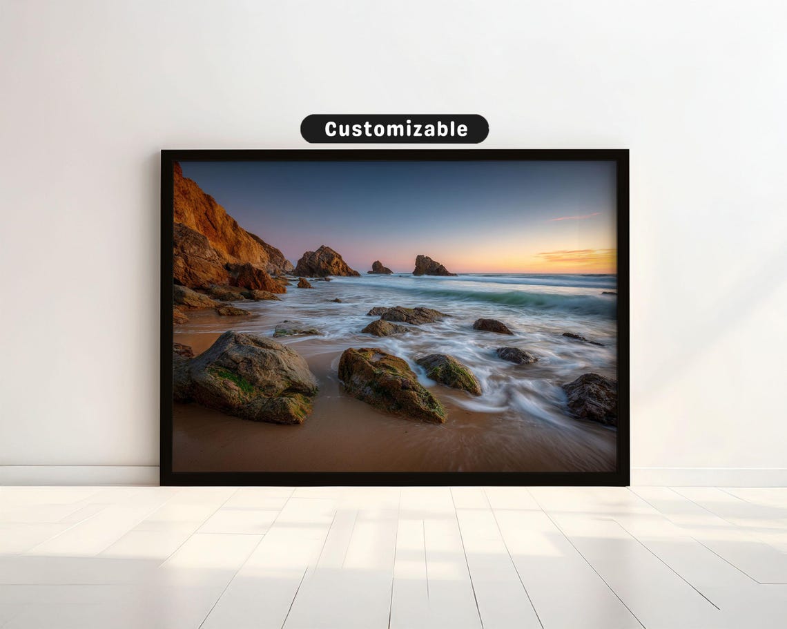 Seafoam Over Ocean Rocks At Sunset Coastal Photography Poster