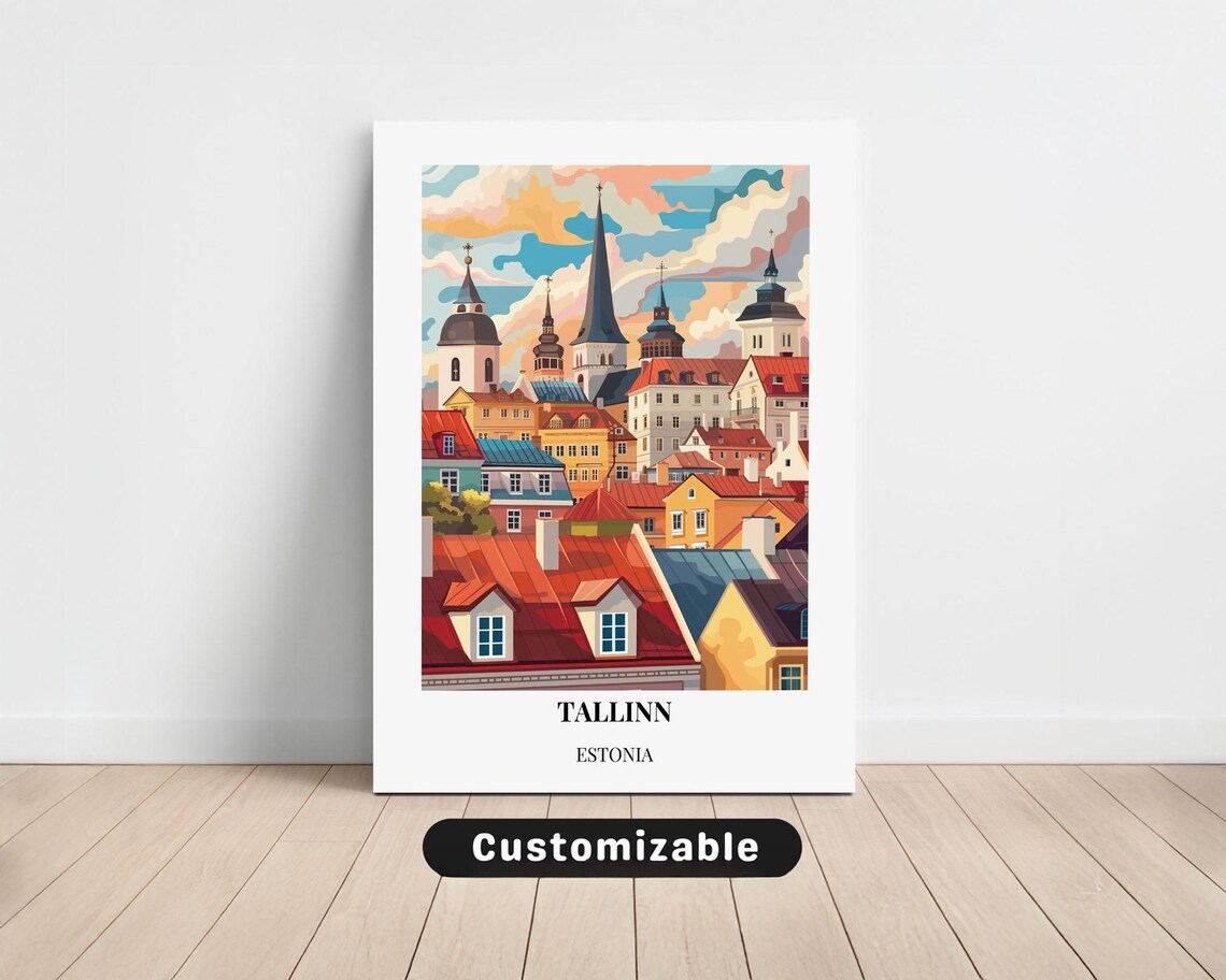 Tallinn Estonia Old Town Spires Colorful Skyline Travel Poster