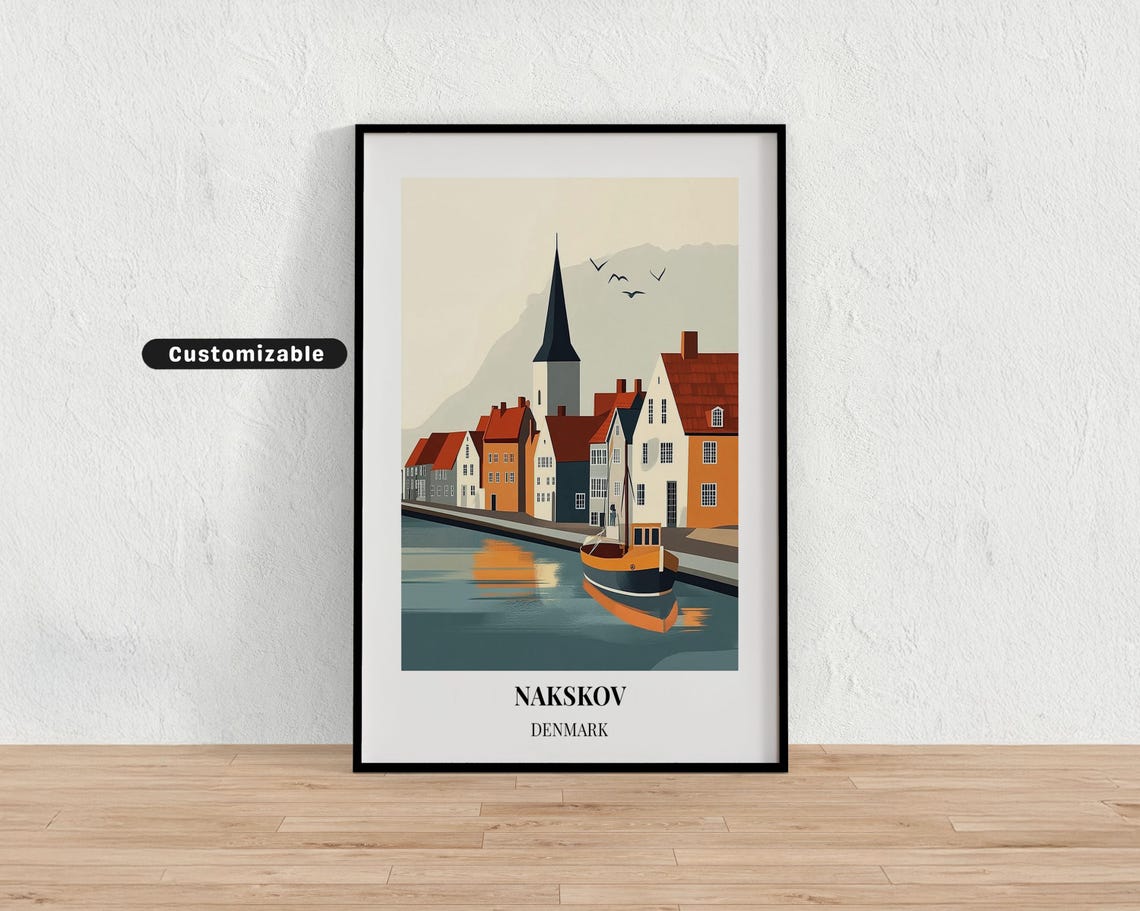 Nakskov Denmark Harbor Church Spire Boats Retro Travel Poster