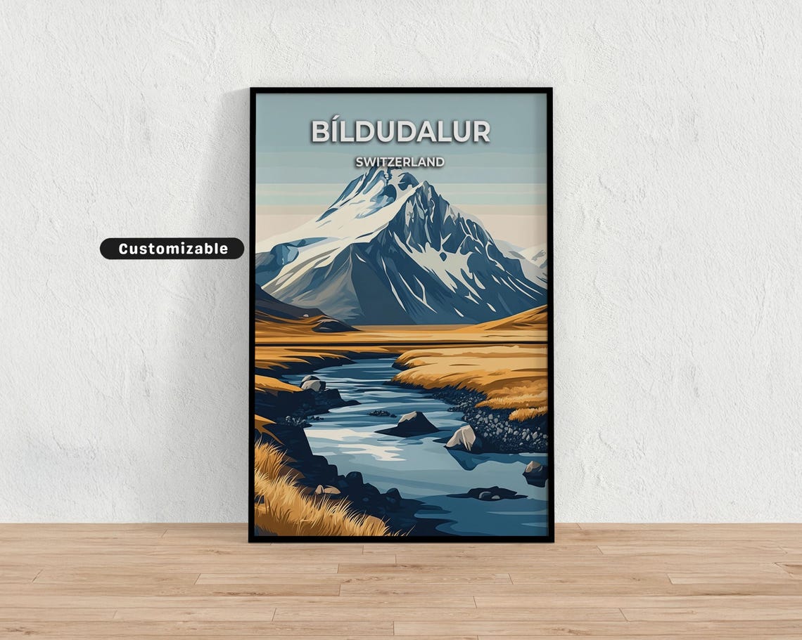 Bíldudalur Switzerland Snowy Peak Golden River Travel Poster