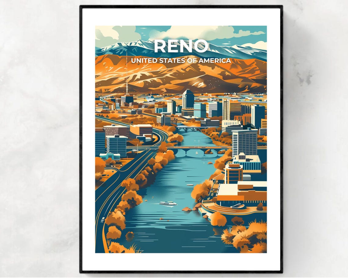Reno City Skyline and River White Title Modern Travel Poster
