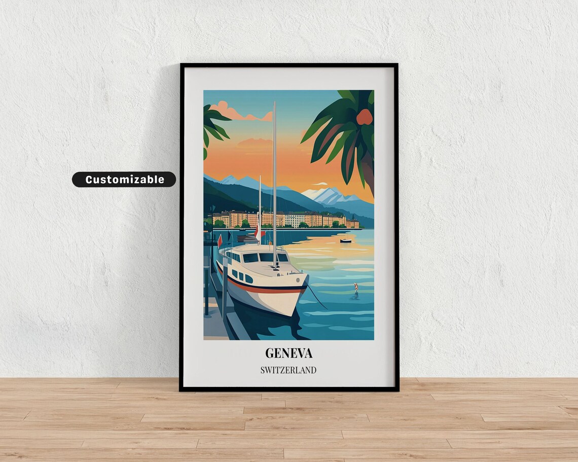 Geneva Switzerland Sunset Boat on the Lake Custom Travel Poster