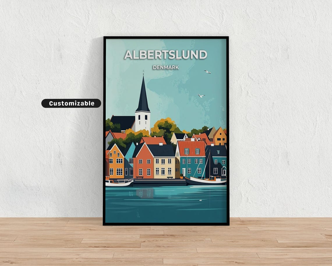 Albertslund Denmark Church Spire Harbor Minimalist Travel Poster