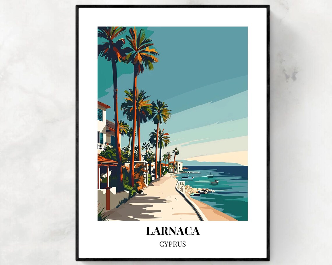 Sunny Larnaca Cyprus Palm-Lined Seaside Promenade Travel Poster