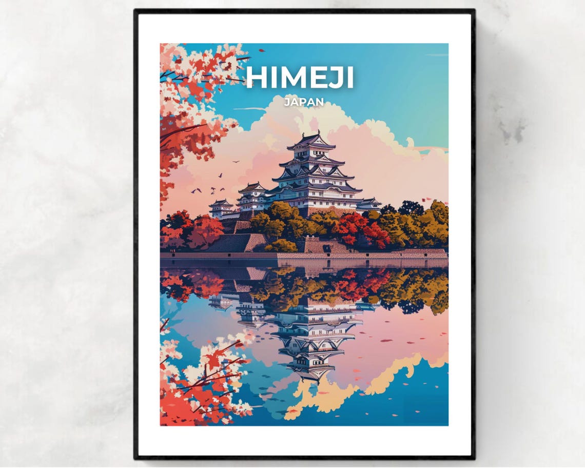 Himeji Japan Castle Cherry Blossom Reflection Daytime Travel Poster