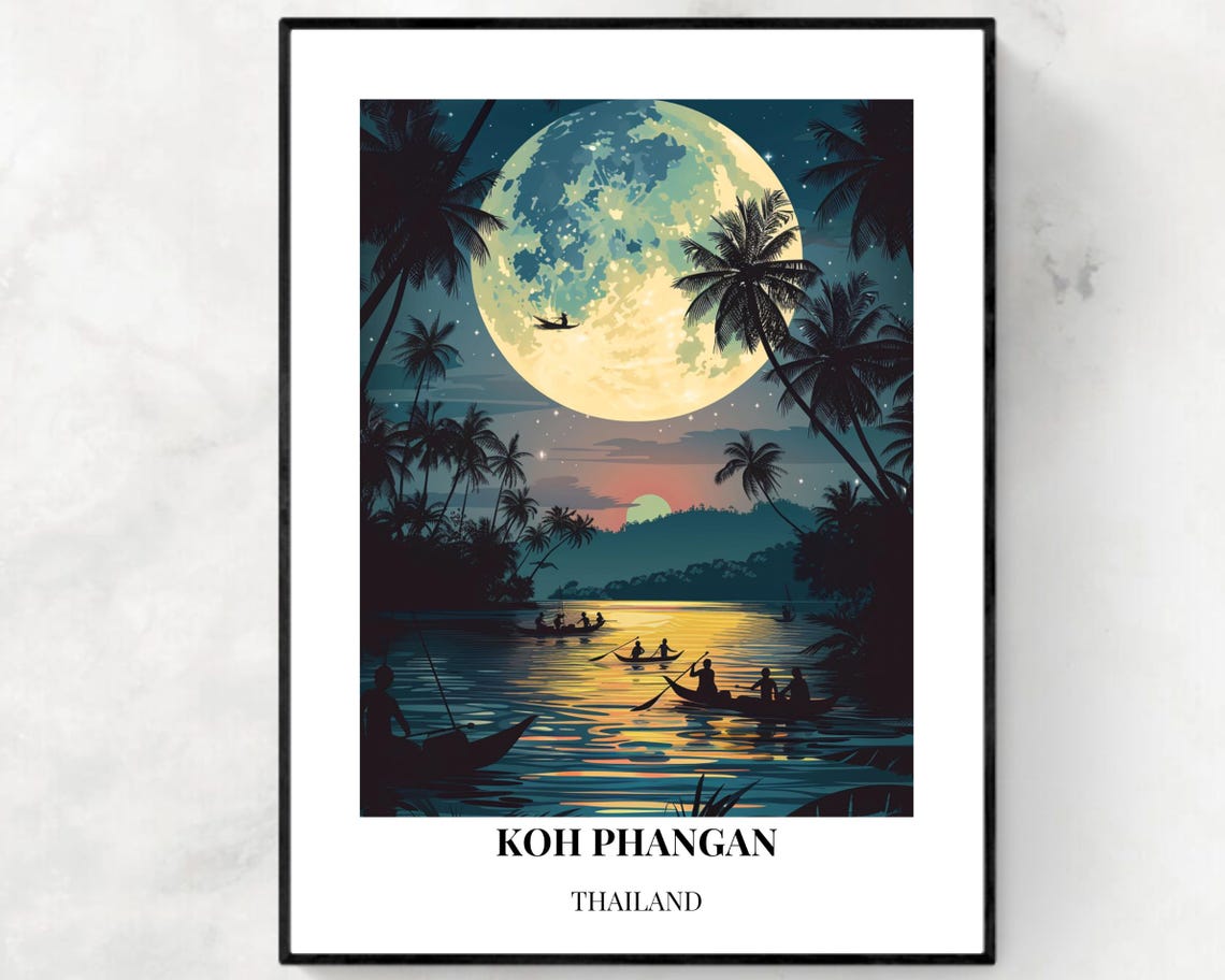 Koh Phangan Thailand Giant Full Moon Canoes Silhouette Poster