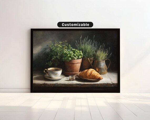 Coffee and Croissant Still Life With Potted Herbs Moody Oil Painting Poster