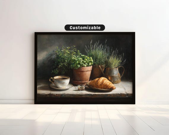 Still Life Of Coffee Croissant And Potted Herbs On Table Bold Wall Art Mediterranean Botanical Decor