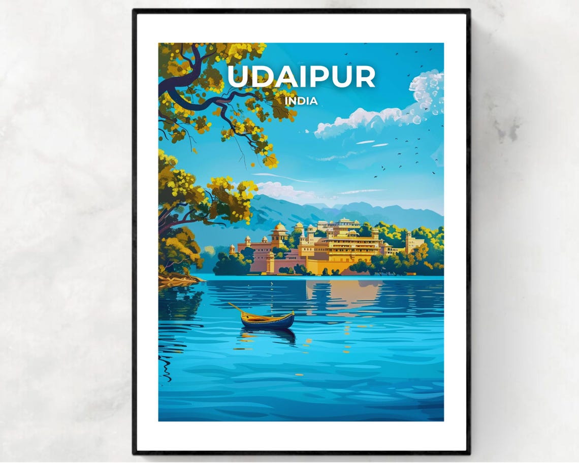 Udaipur India City Palace Lake Boat Scenic Vintage Travel Poster
